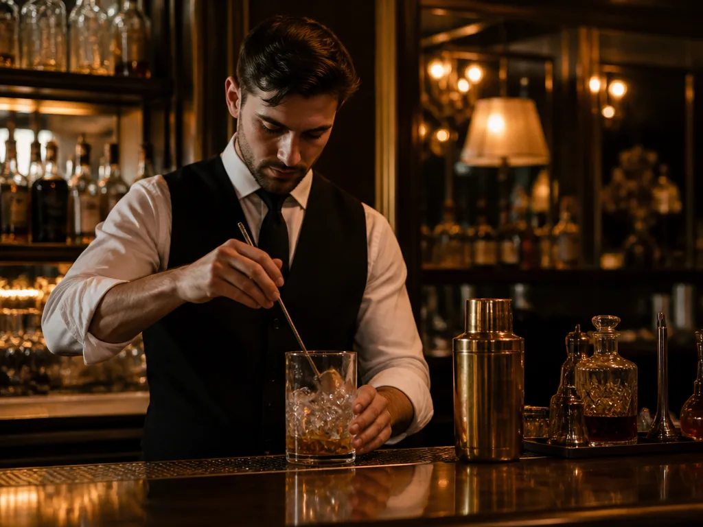 Stämningsfull cocktailbar i Stockholm med varmt ljus och en bartender som blandar en drink
