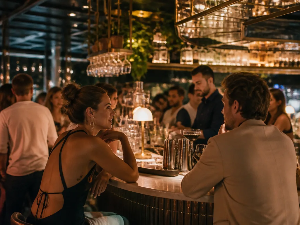 Stämningsfull cocktailbar i Göteborg med varmt omgivningsljus och gäster vid bardisken