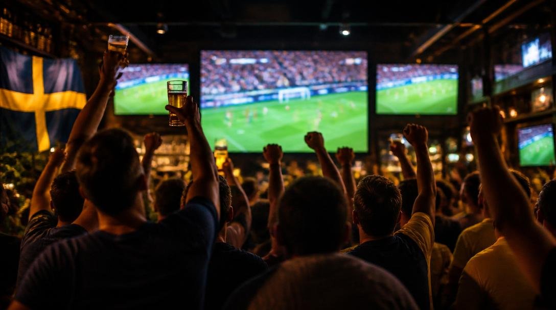 Storbildsskärm i sportbar under fotbollsmatch