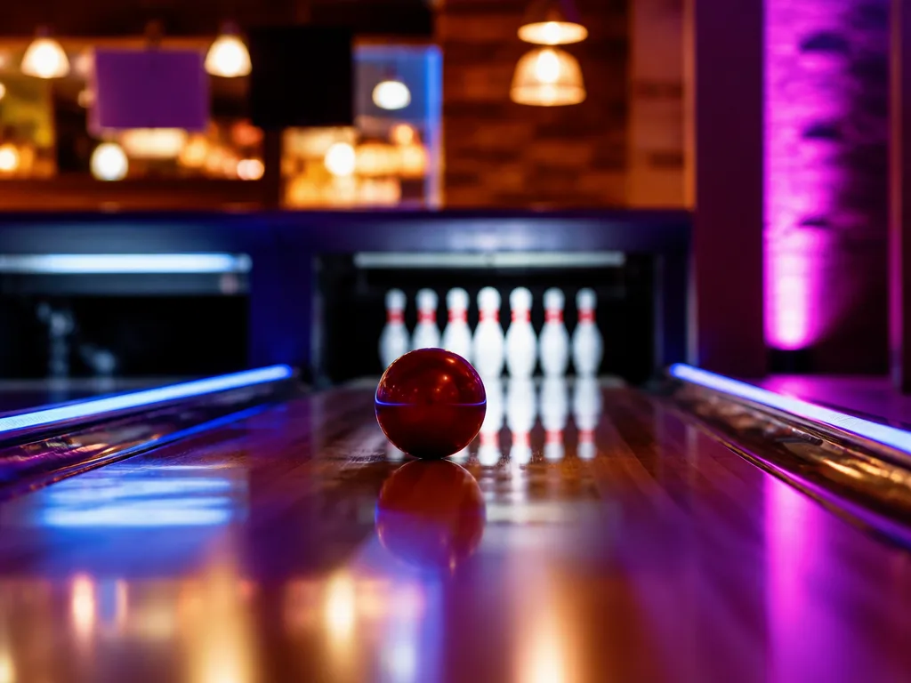 Bowlingbanor med käglor och rullande klot i en modern bowlinghall