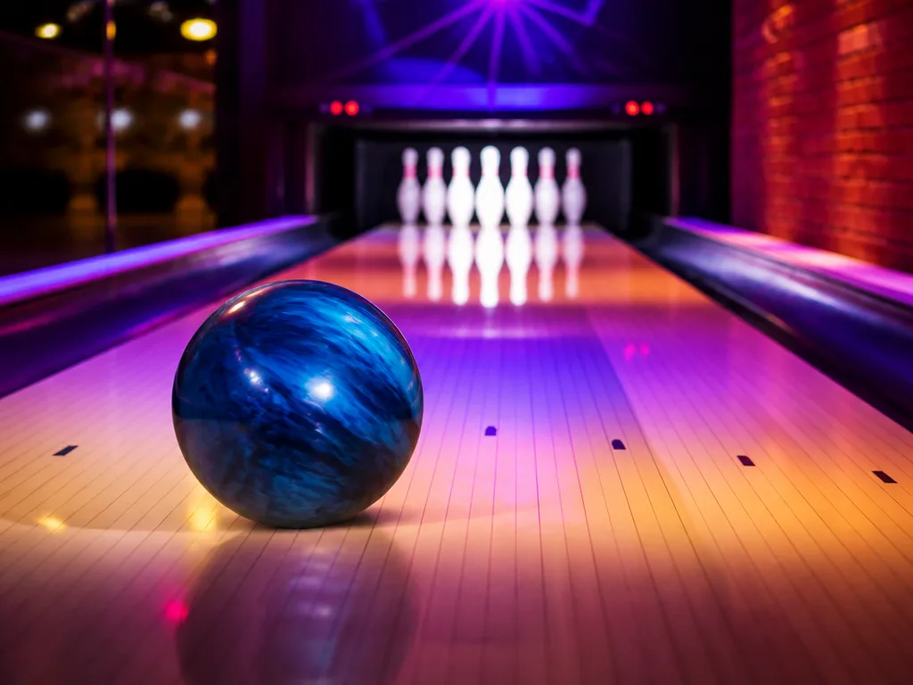 Bowlingklot som rullar mot käglorna på en färgglatt upplyst bowlingbana