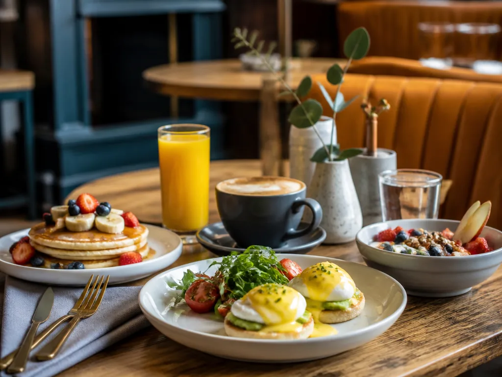 Uppdukat brunchbord med pannkakor, eggs benedict, färskpressad juice och kaffe i varmt morgonljus
