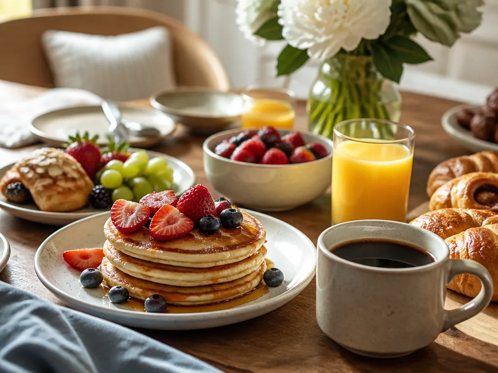 Elegant dukat brunchbord med pannkakor, färsk frukt, kaffe och nybakat