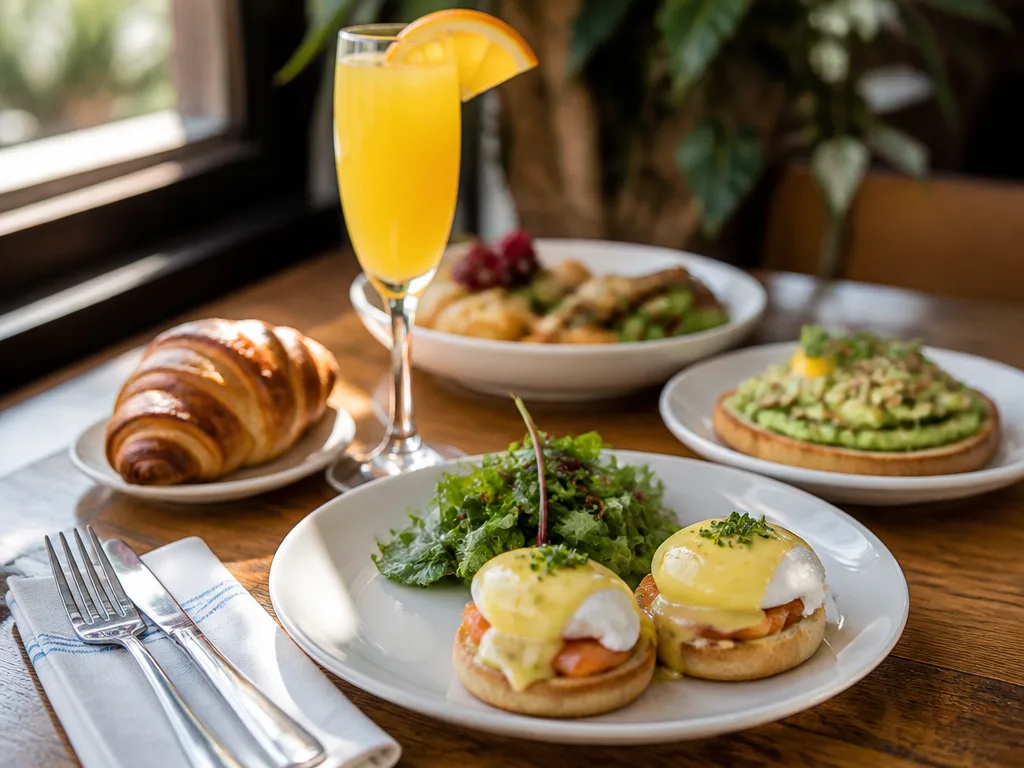 Uppdukat brunchbord med eggs benedict, avokadotoast, croissanter och en mimosa i varmt dagsljus