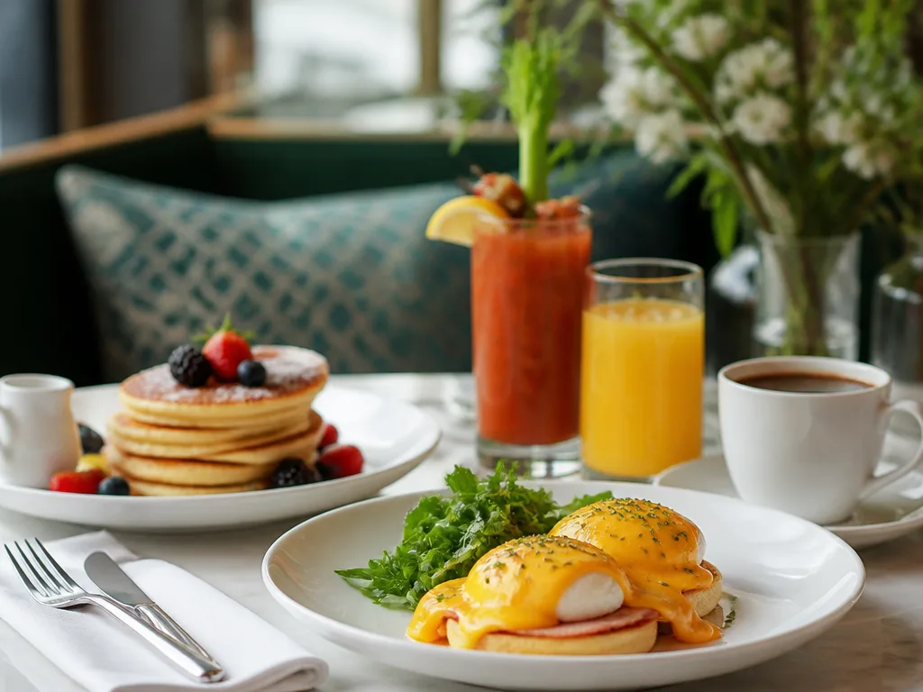 Uppdukat brunchbord med pannkakor, eggs benedict, färskpressad juice och en Bloody Mary i varmt morgonljus