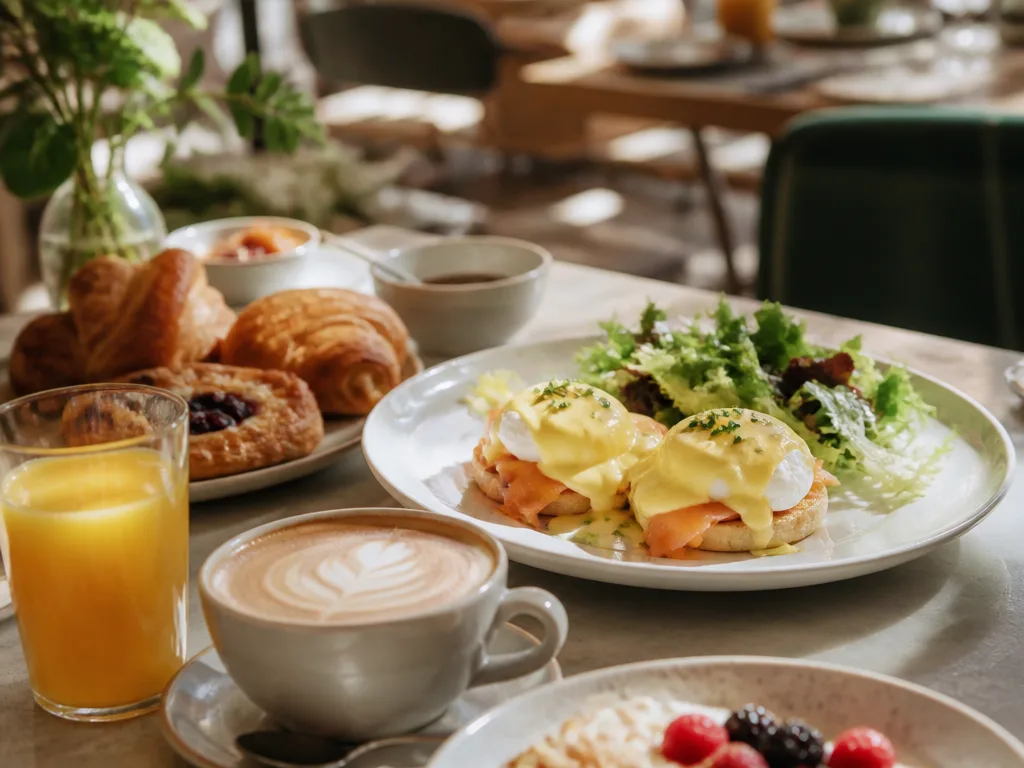 Uppdukat brunchbord med bakverk, äggrätter och kaffe i ljust dagsljus