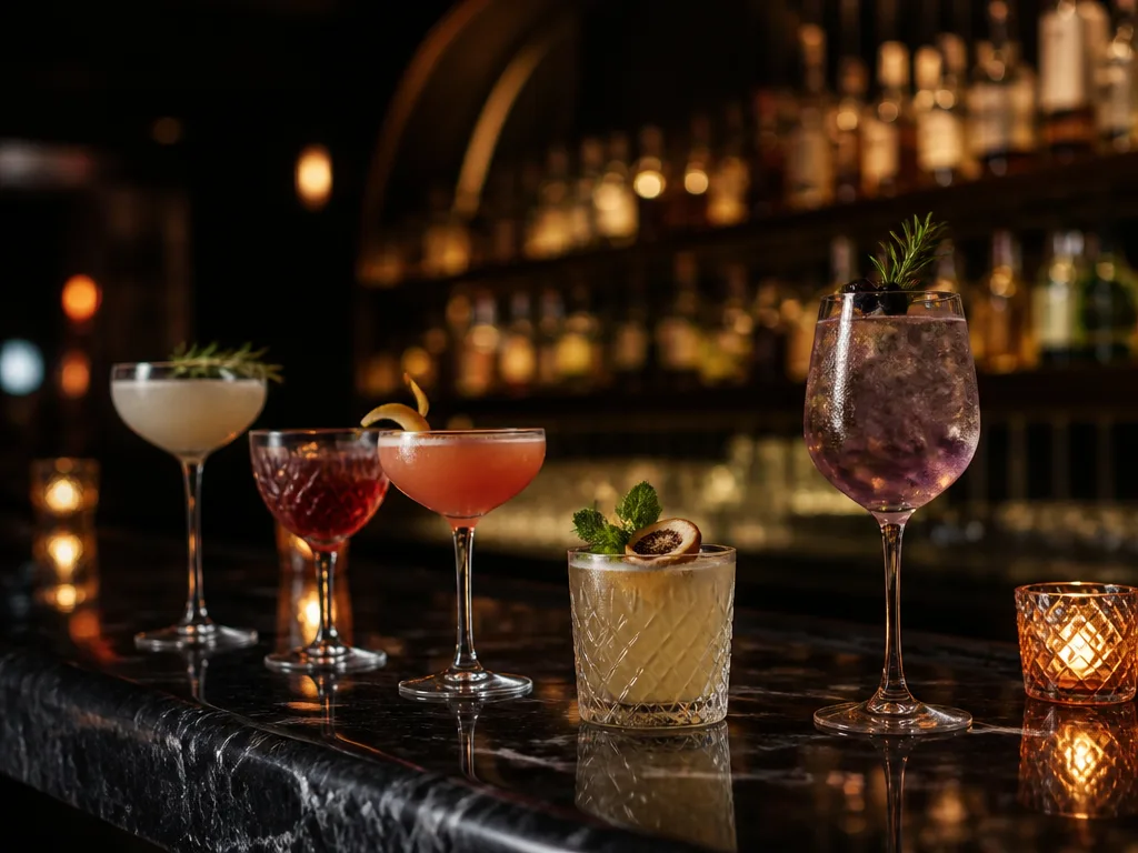 Eleganta cocktailglas med färgglada drinkar på en mörk marmorbänk i en cocktailbar i Stockholm