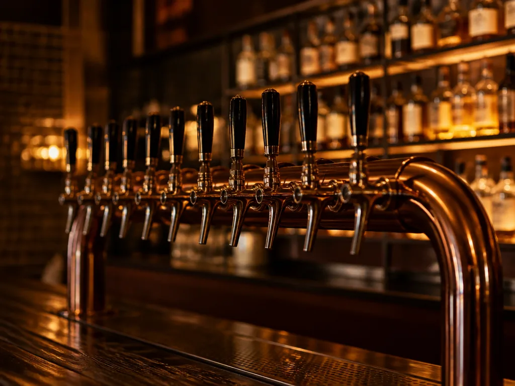 Rad med craft beer-fat i ett varmt belyst ölhak i Stockholm med mörkt trä och flaskor i bakgrunden