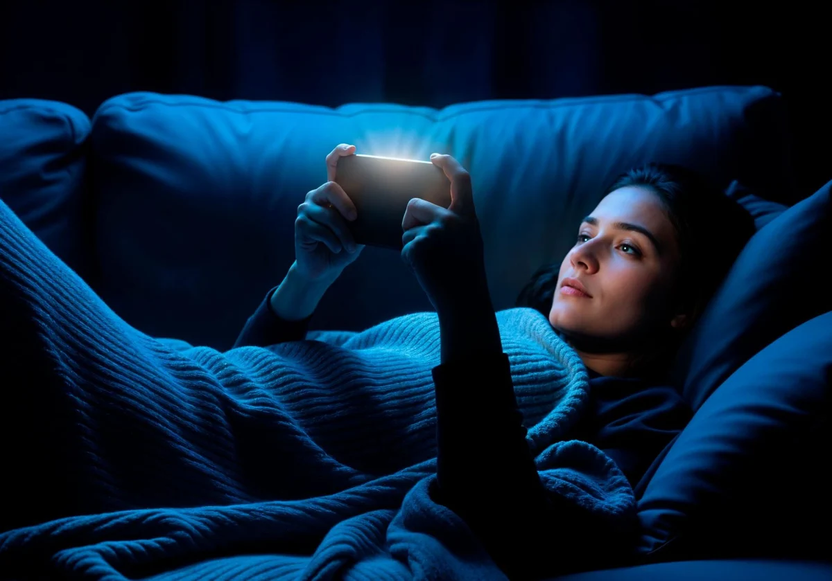 Person på soffan i mörkt rum med mobilen i handen