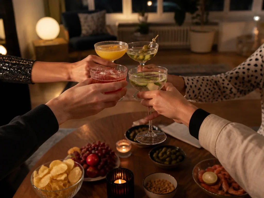 Vänner samlade kring ett stilrent hemmabord med glas och tilltugg under en förfest