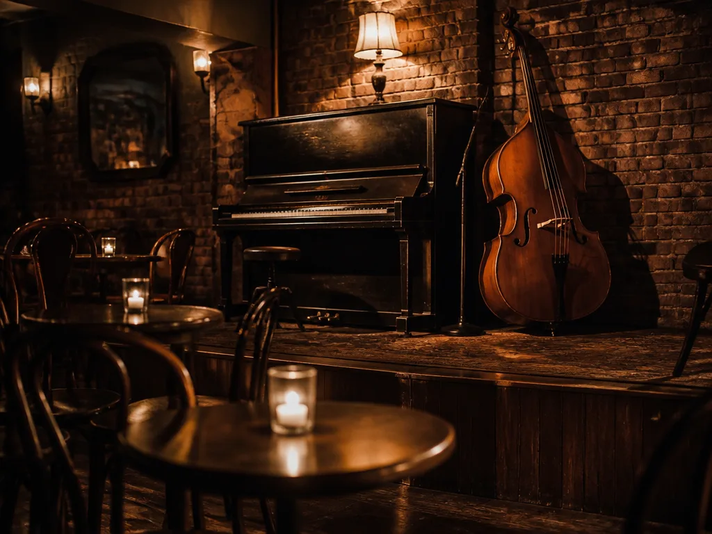 Mysig jazzbar i Stockholm med stämningsfull belysning, kontrabas och piano på en liten scen, trästolar och runda bord i vintage-miljö