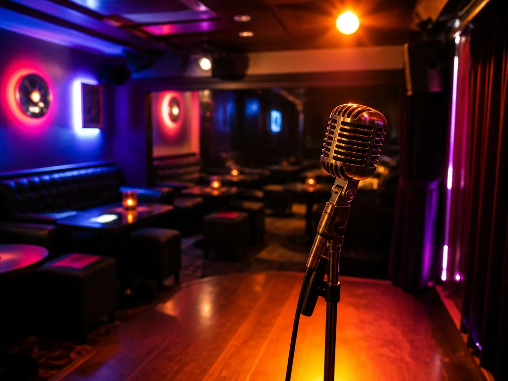 Mysig karaokebar med scen, mikrofon och varmt scenljus i väntan på gäster