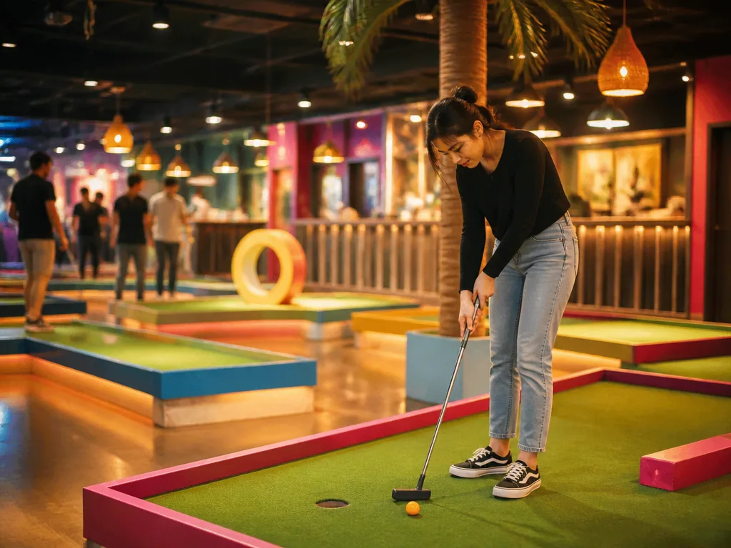 Färgglad inomhusbana för minigolf med tematiska hinder och varmt ljus