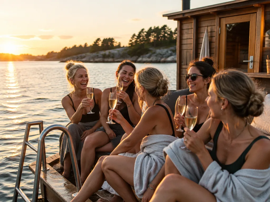 Vänner skålar på en bastuflotte i Stockholms skärgård under en möhippa