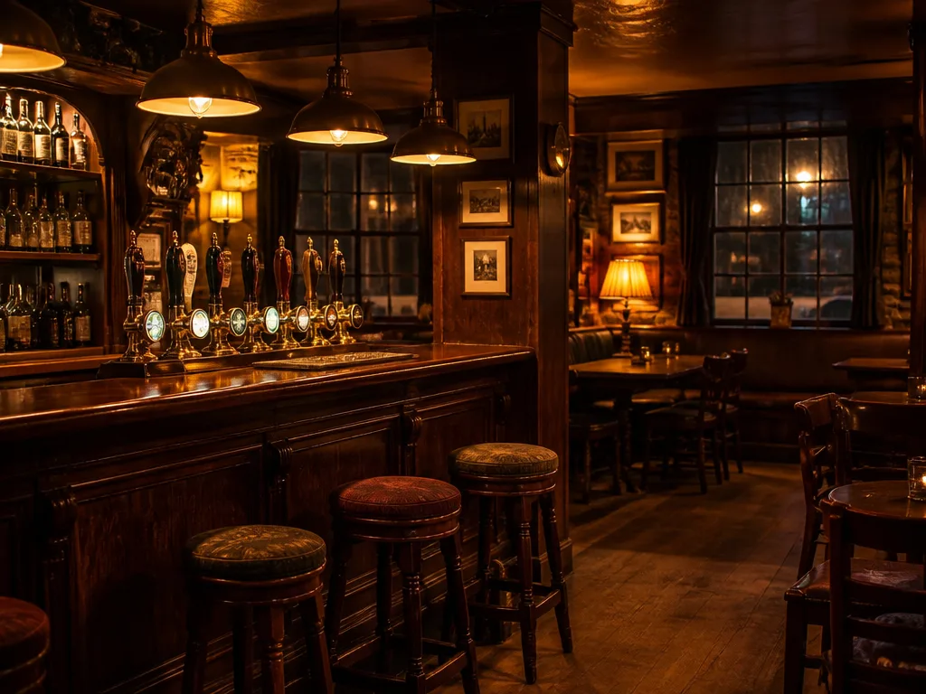 Mysig pub i Stockholm med varmt bärnstensljus, träbardisk och ölkranar på natten