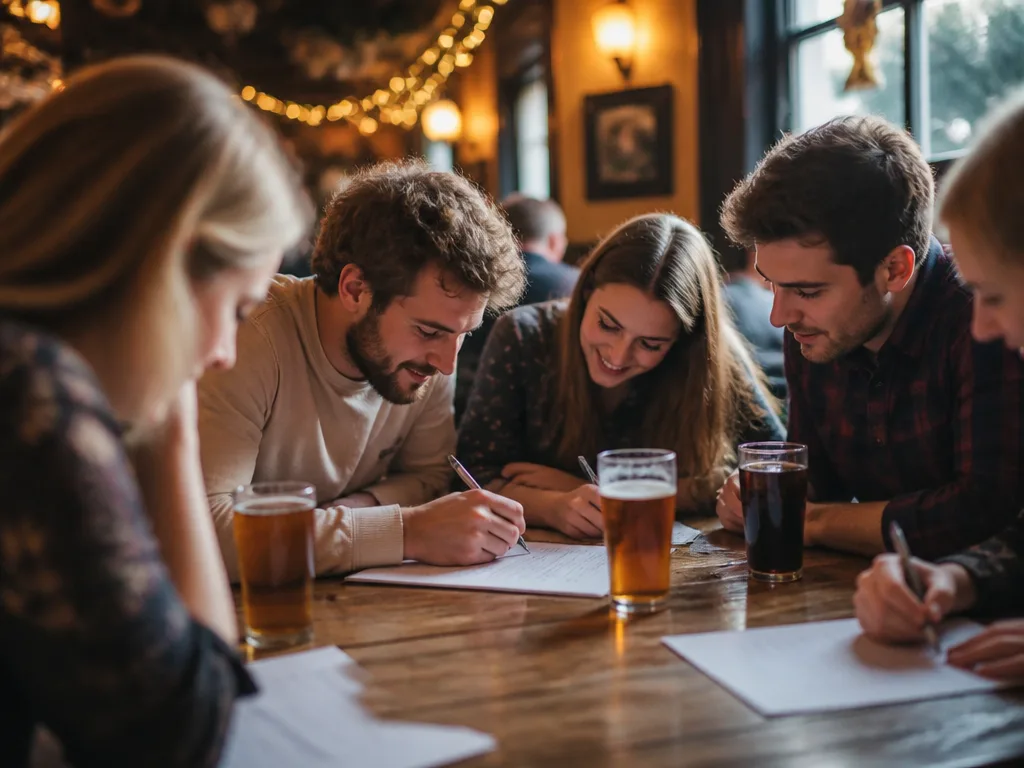 Vänner sitter runt ett pubbord i Göteborg och fyller i ett quiz med pennor och svarsblad