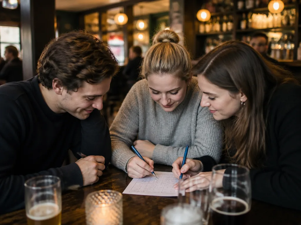 Vänner sitter vid ett pubbord i Stockholm och fyller i ett quiz med pennor och svarsblad