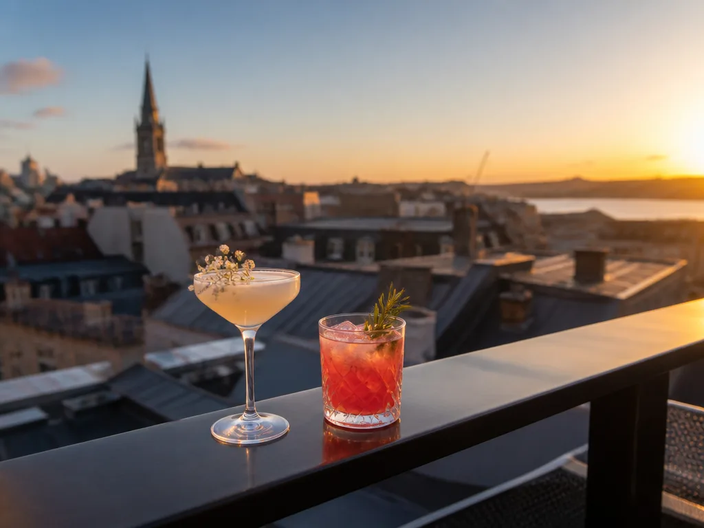 Cocktailglas på ett räcke på en rooftop-bar med Stockholms hustak och solnedgång i bakgrunden