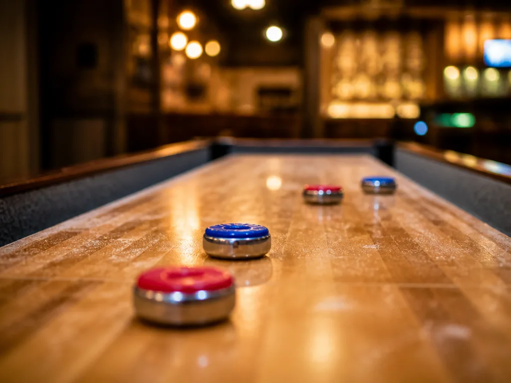 Shuffleboardbord med färgglada puckar mitt i spelet, varmt barljus i bakgrunden