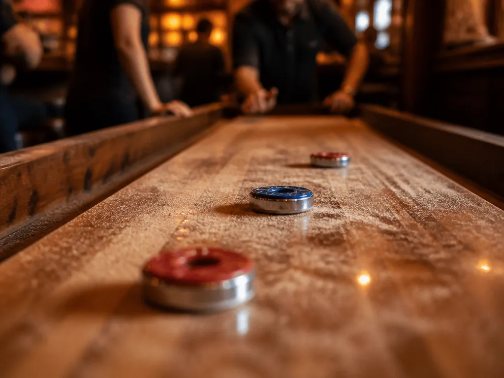Två spelare skjuter röda och blå puckar över ett shuffleboard-bord på en bar