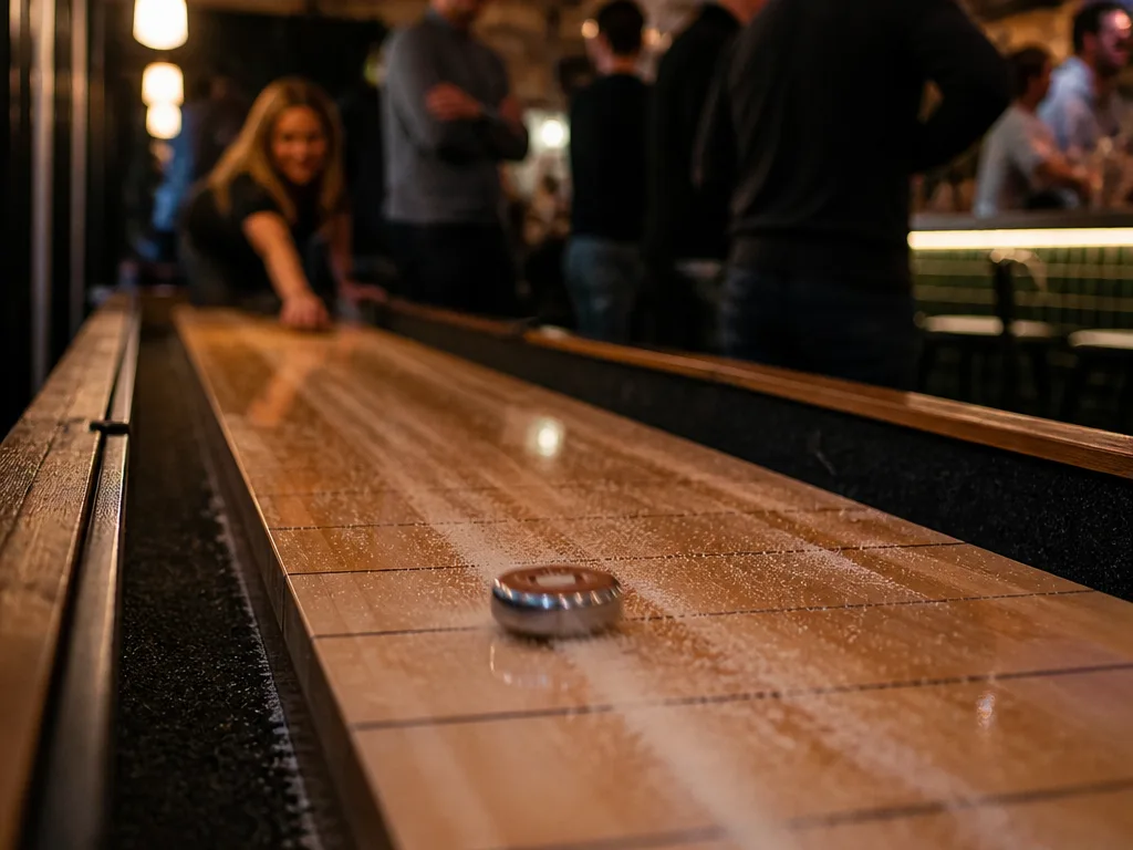 Shuffleboard-bord på en bar i Stockholm med puckar redo att skjutas