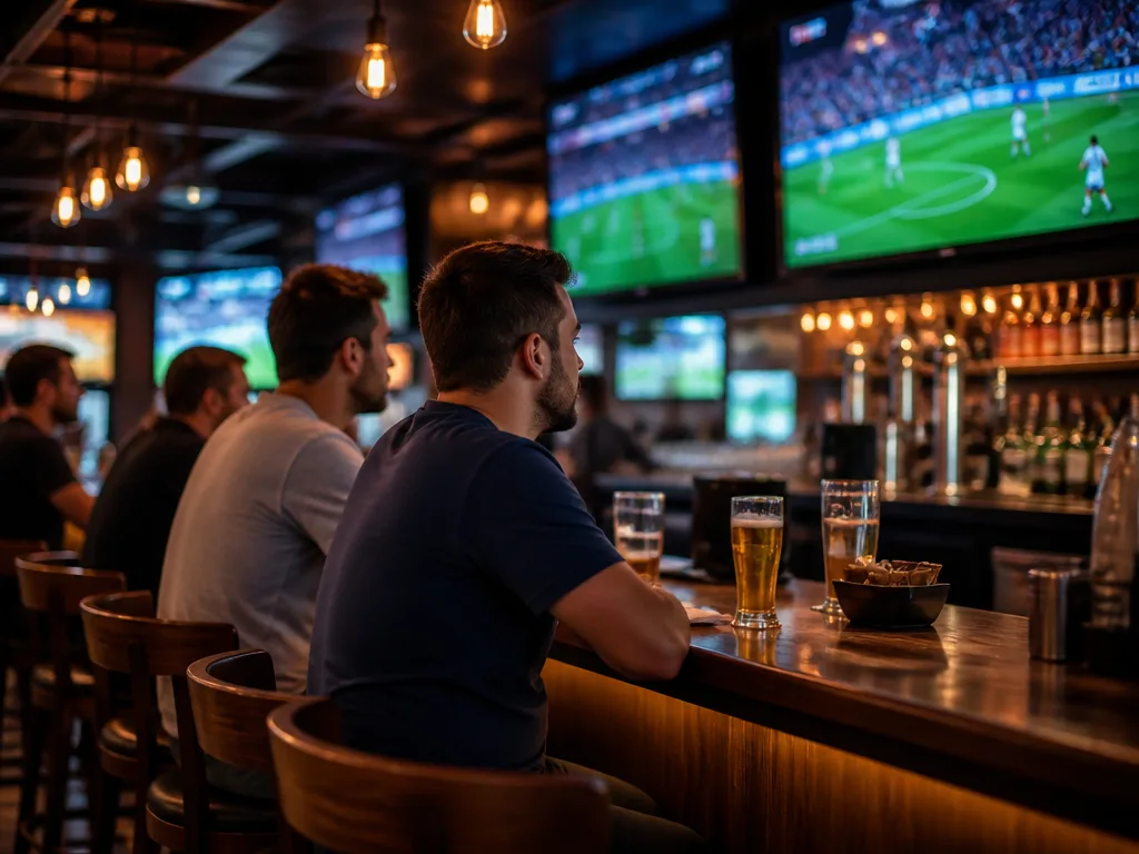 Sportbar i Malmö med storbildsskärmar som visar fotboll, barstolar i trä och varmt stämningsfullt ljus