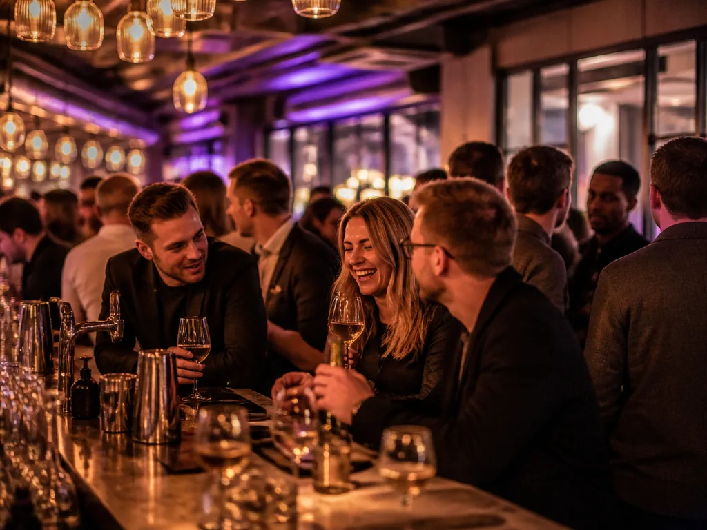 Livlig bardisk i Göteborg med varmt bärnstensljust och violett stämningsbelysning och gäster som njuter av kvällen