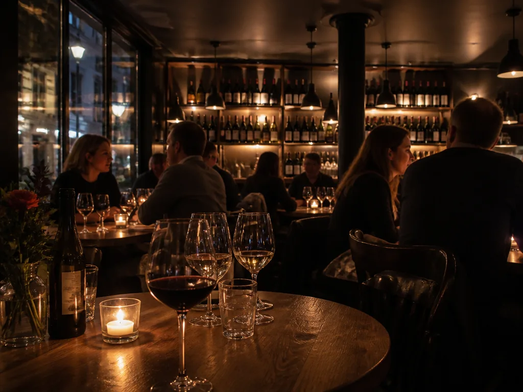 Intim vinbar i Stockholm med stämningsfullt ljus och vinglas på träbord